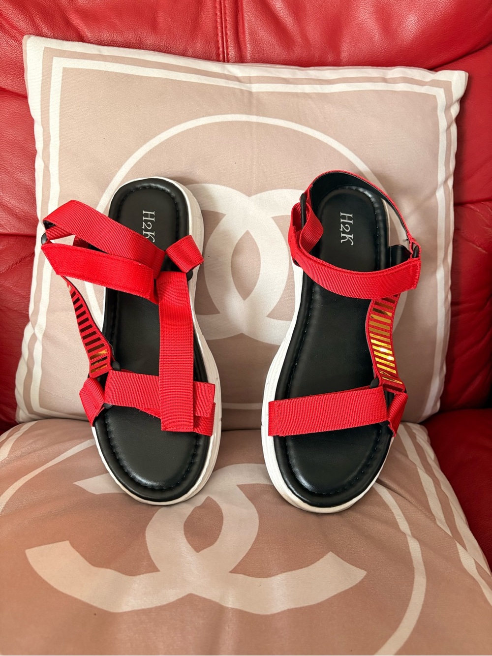 Red Strap Sport Sandals with Black Footbed and thick white sole